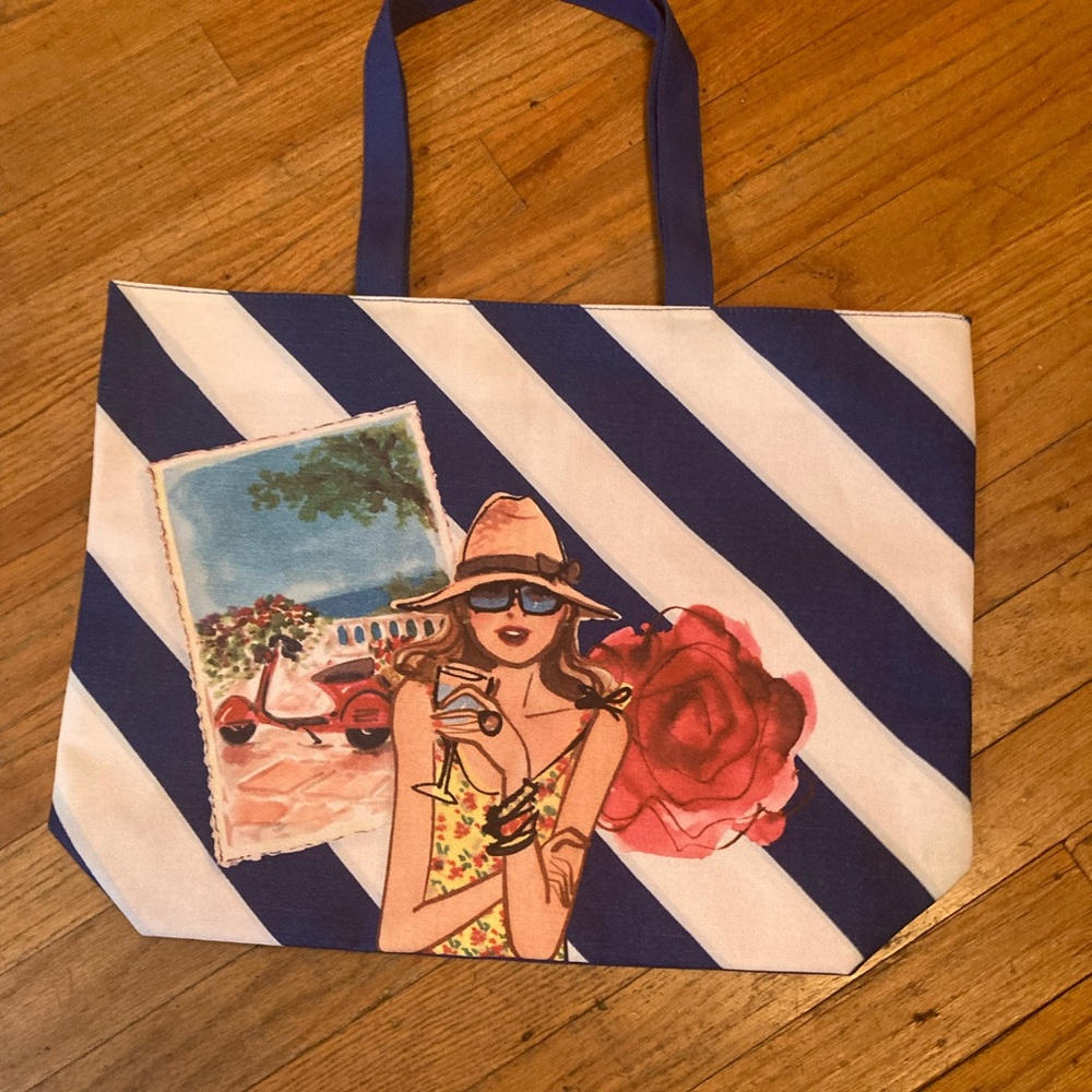 Beach Bag Lancome Makeup Tote Blue White Stripes
